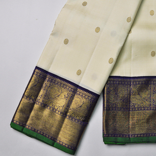 Off-White Kanchipuram Silk Saree with Blue Contrast Border