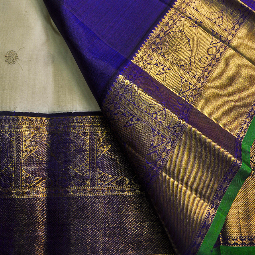 Off-White Kanchipuram Silk Saree with Blue Contrast Border
