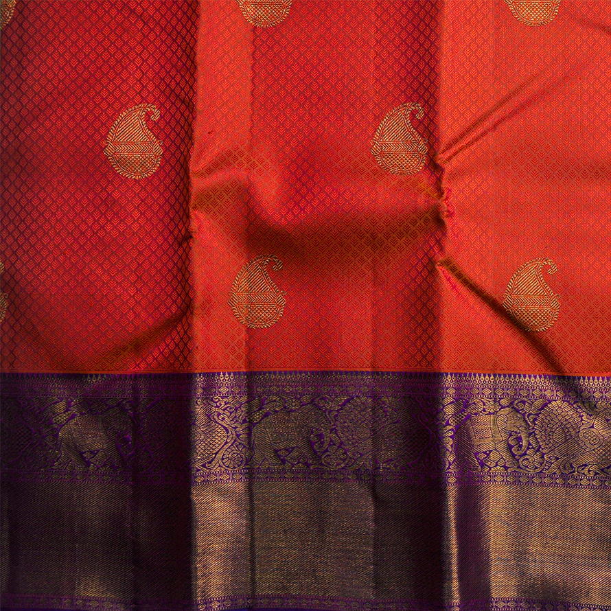Orange Mustard Kanchipuram Silk Thread Design Saree