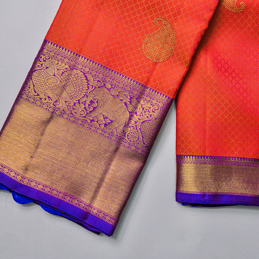 Orange Mustard Kanchipuram Silk Thread Design Saree