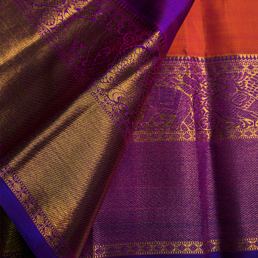 Orange Mustard Kanchipuram Silk Thread Design Saree