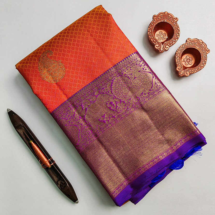 Orange Mustard Kanchipuram Silk Thread Design Saree