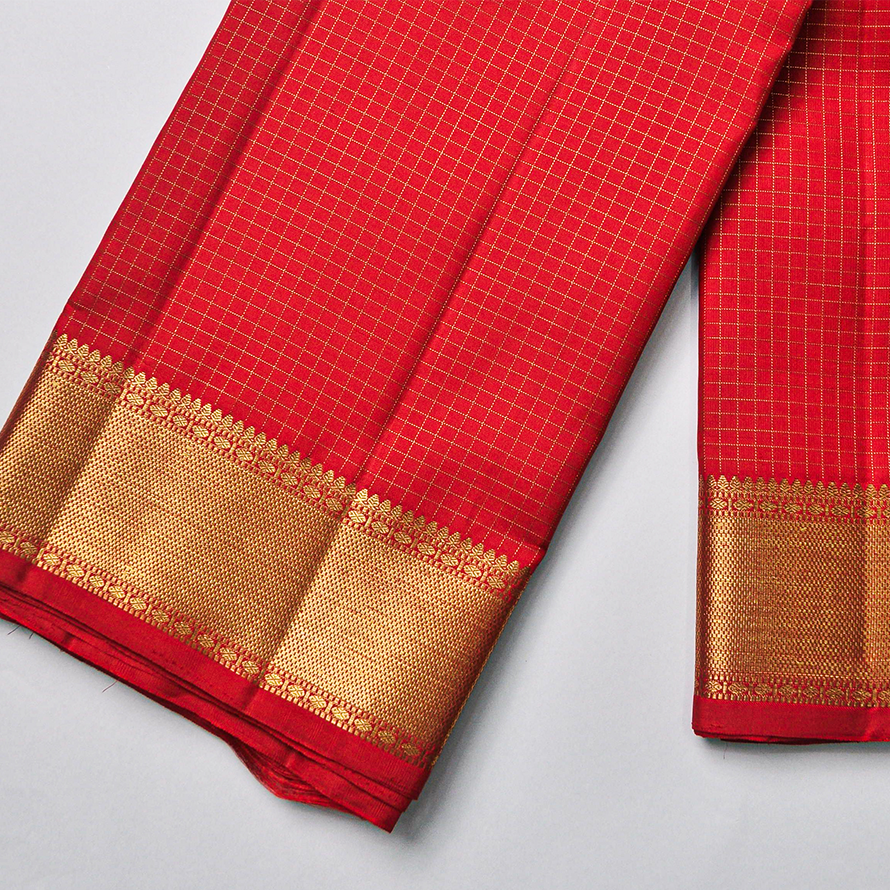 Tomato Red Vaira Usi Checks Saree with Double-Side Border