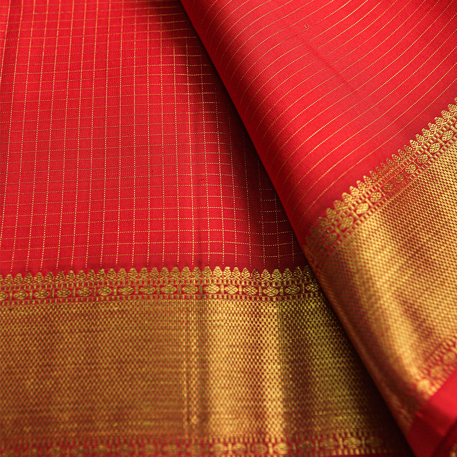 Tomato Red Vaira Usi Checks Saree with Double-Side Border