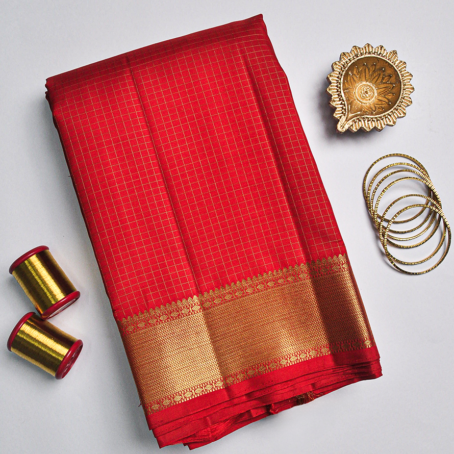 Tomato Red Vaira Usi Checks Saree with Double-Side Border