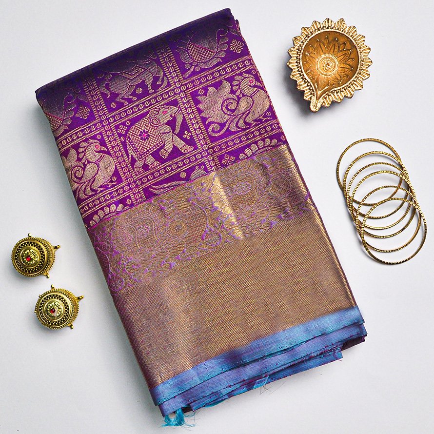 Violet Rose Kanchipuram Silk Saree – Annam & Elephant Motifs with Anandha Border