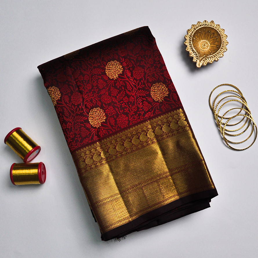 Kanchana Red Kanchipuram Silk Saree – Samudrika Design with Zari Puttahs