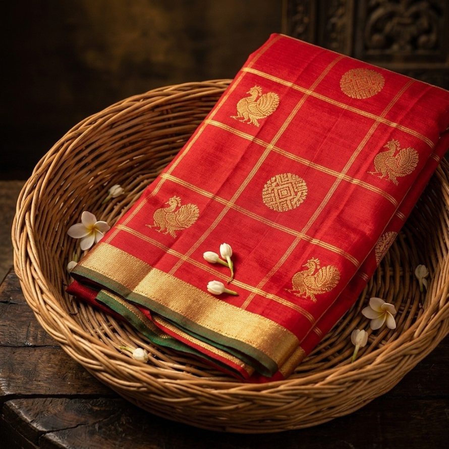 Red Kanchipuram Silk Saree – Veldhari Kattam with Peacock Chakra Butta & Contrast Green Blouse