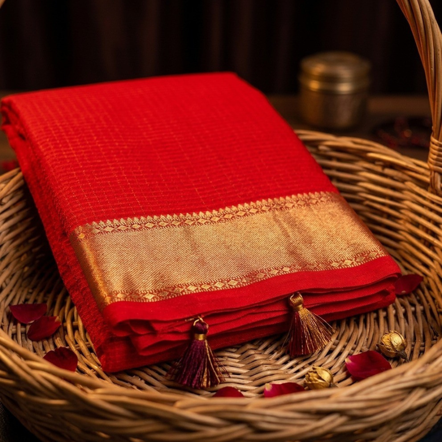Tomato Red Kanchipuram Silk Saree – Ketti Gold Border with Zari Checks (Kattam)