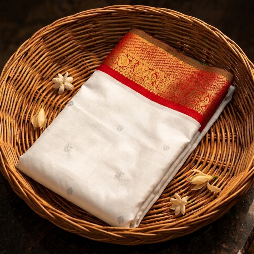 Off-White Kanchipuram Silk Saree – Ganga Jamuna Border with Zari Butta