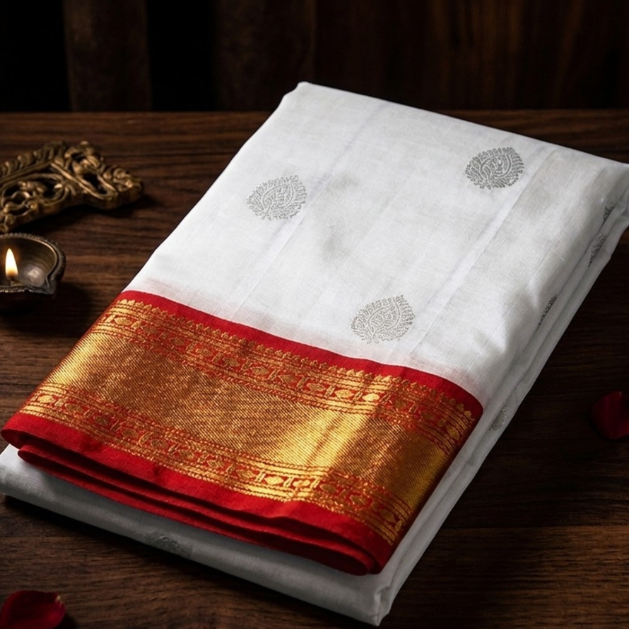 White Kanchipuram Silk Saree – Korvai Red Border with Zari Butta Body