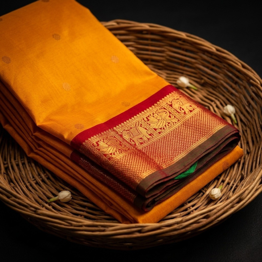 Mango Colour Kanchipuram Silk Saree – Ganga Jamuna Border with Zari Butta