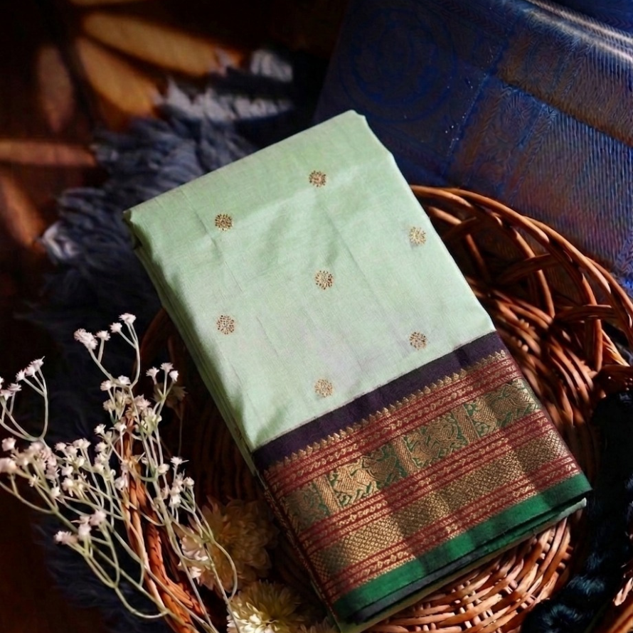 Pastel Green Kanchipuram Silk Saree – Kanchana Border with Korvai Butta Weave