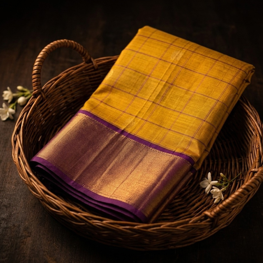 Mustard Kanchipuram Silk Saree – Chakra Butta with Semi-Contrast Majantha Border