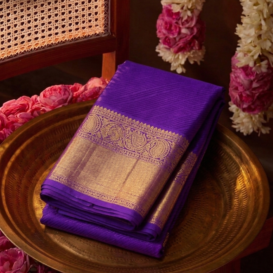 Lavender Kanchipuram Silk Saree – Pure Zari Self Design