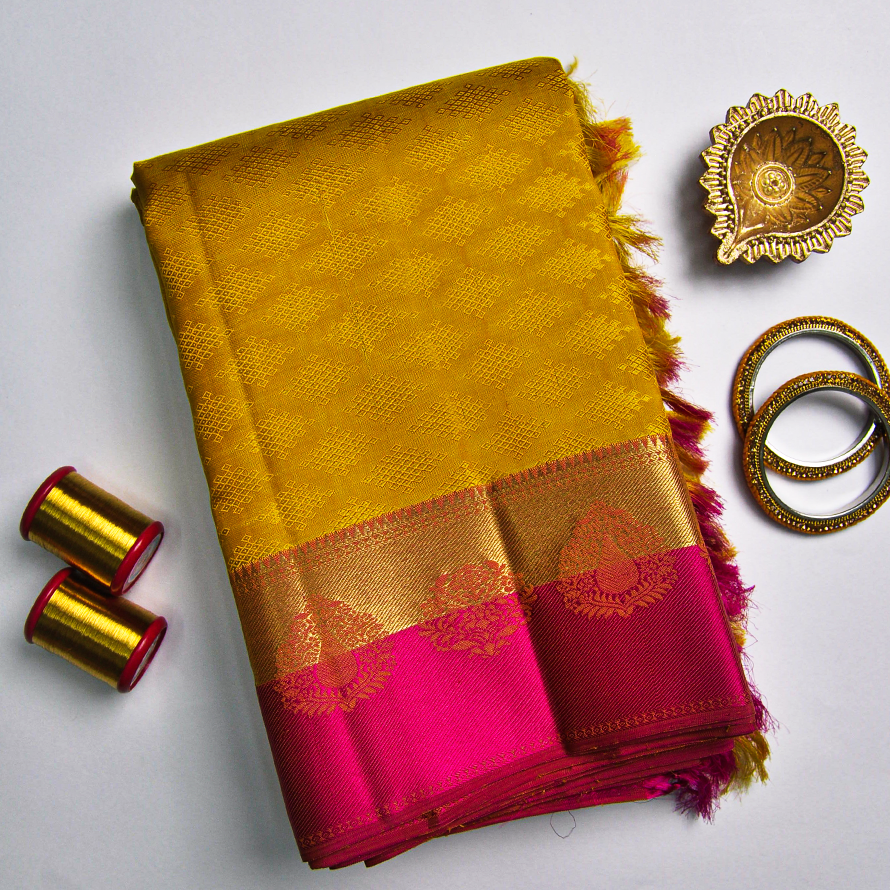 Mustard Kanchipuram Silk Saree – Silk Thread Work with Pink Blouse