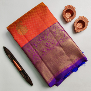 Orange Mustard Kanchipuram Silk Saree – Mango Zari Puttahs with Elephant Border