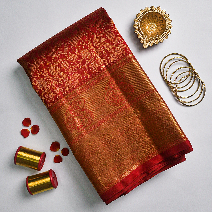 Pure Red Kanchipuram Silk Saree – Vanasingam (Forest Lion) Motif