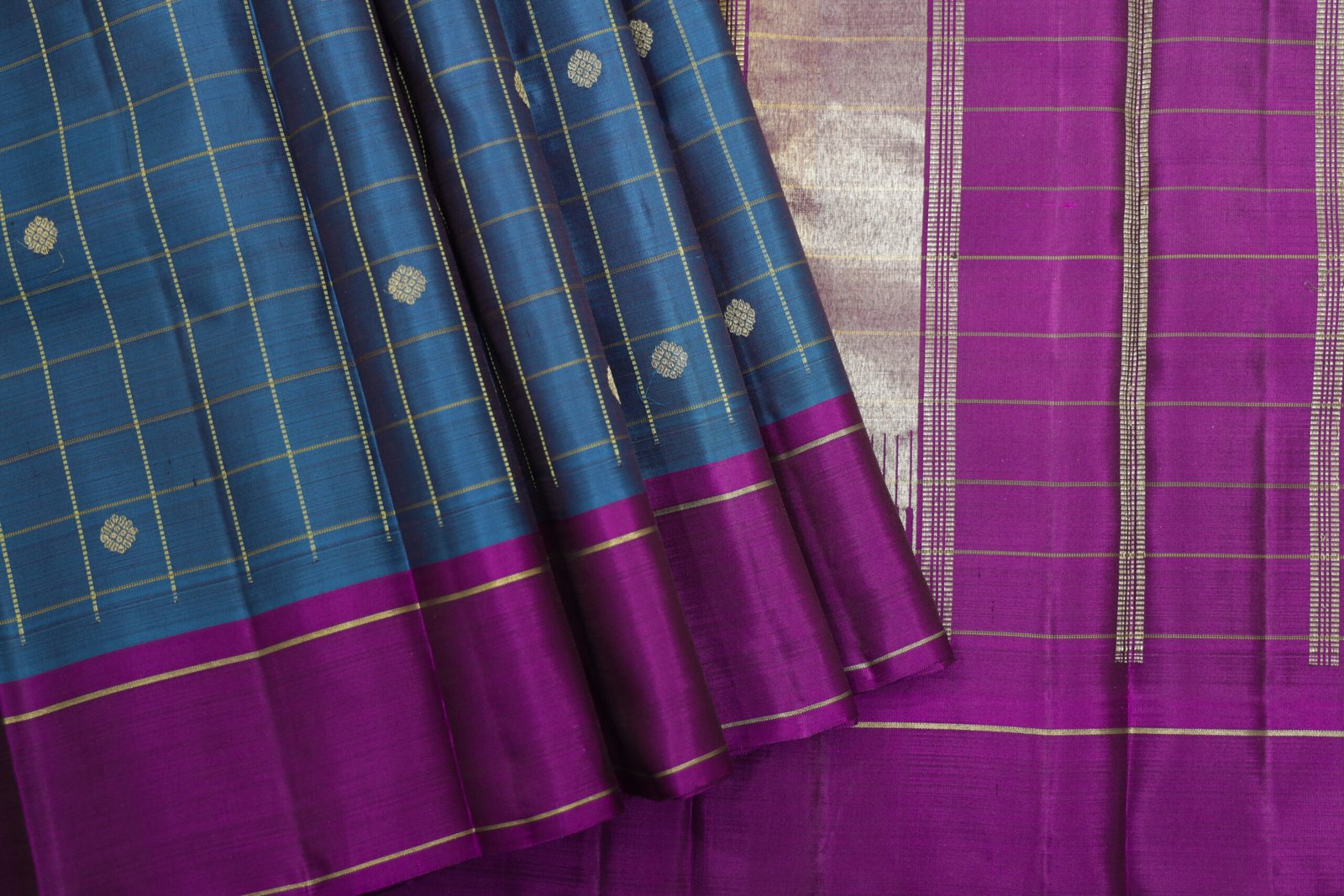 Emerald Blue Kanchipuram Silk Saree – Pattu Kattam with Zari Butta & Majantha Border - Image 2