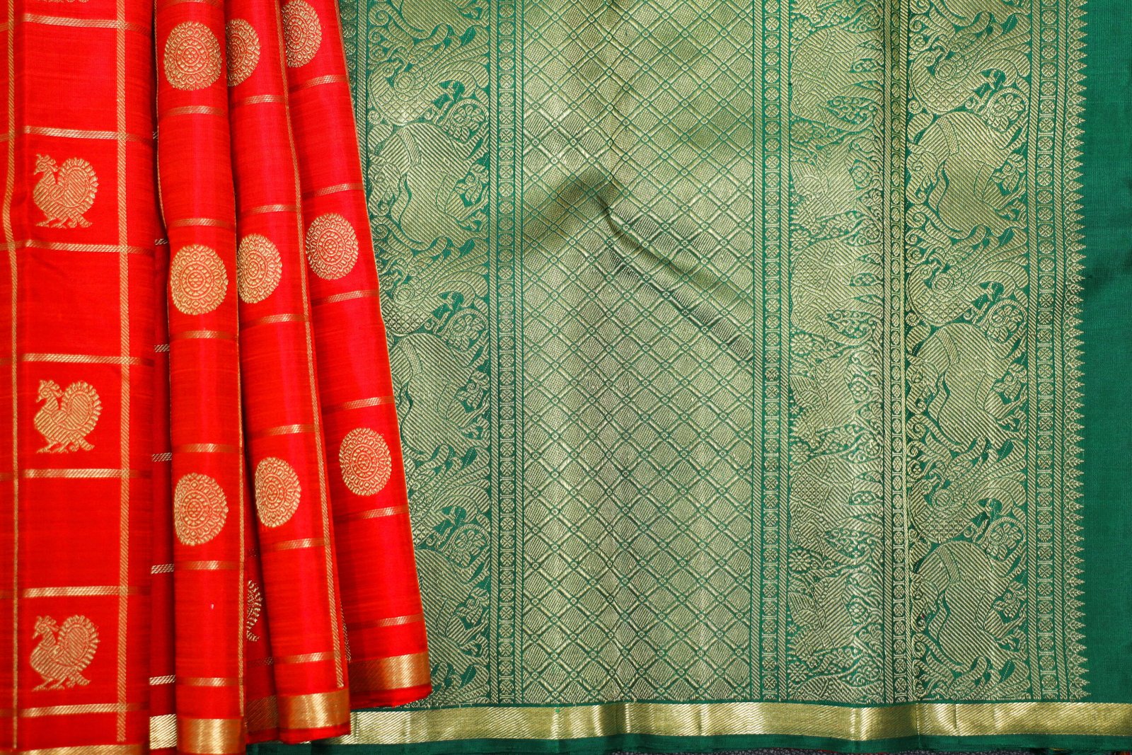 Red Kanchipuram Silk Saree – Veldhari Kattam with Peacock Chakra Butta & Contrast Green Blouse - Image 2