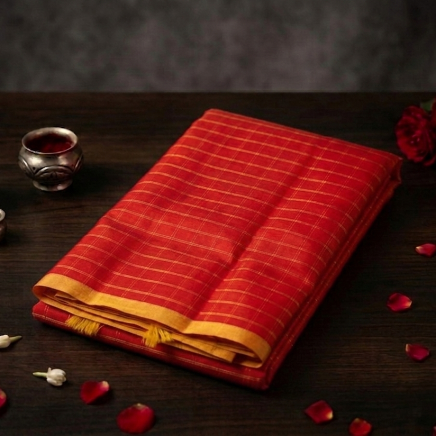 Red Kanchipuram Silk Saree – Mustard Border with Zari Checks (Kattam)