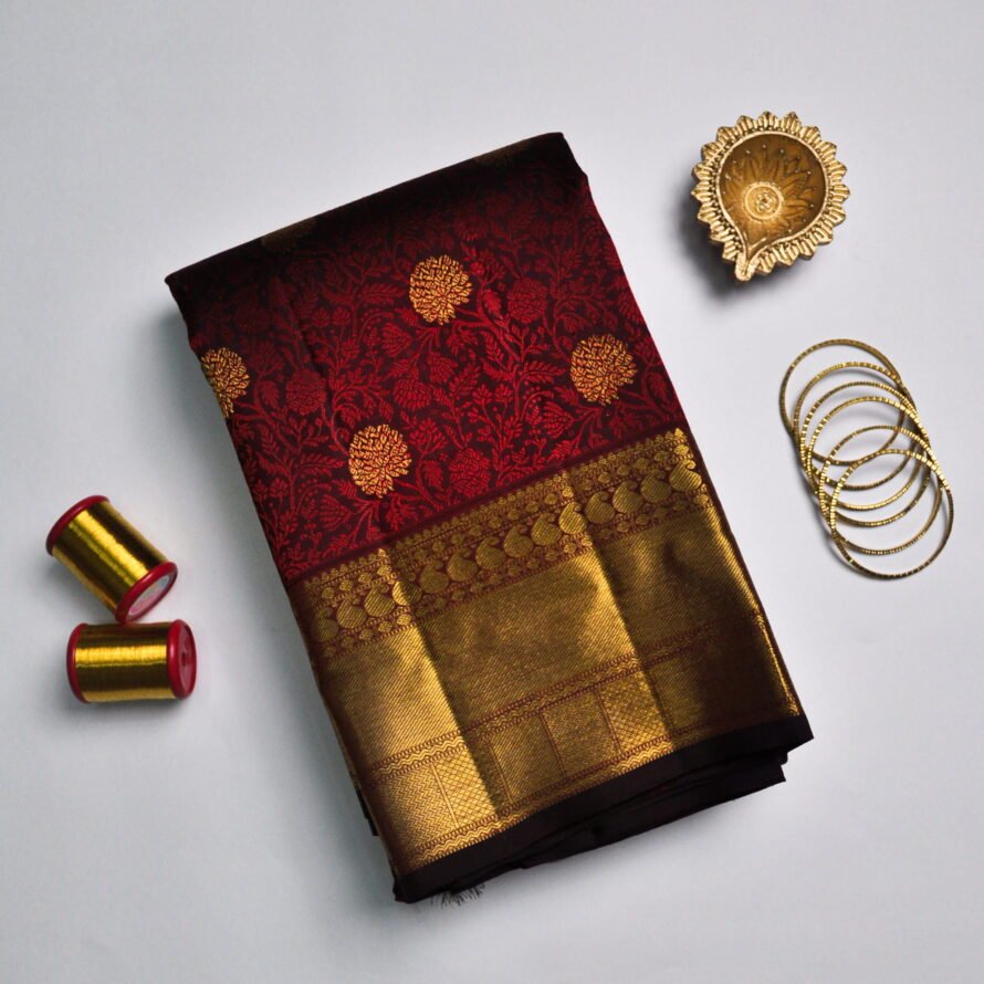Kanchana Red Kanchipuram Silk Saree – Samudrika Design with Zari Puttahs