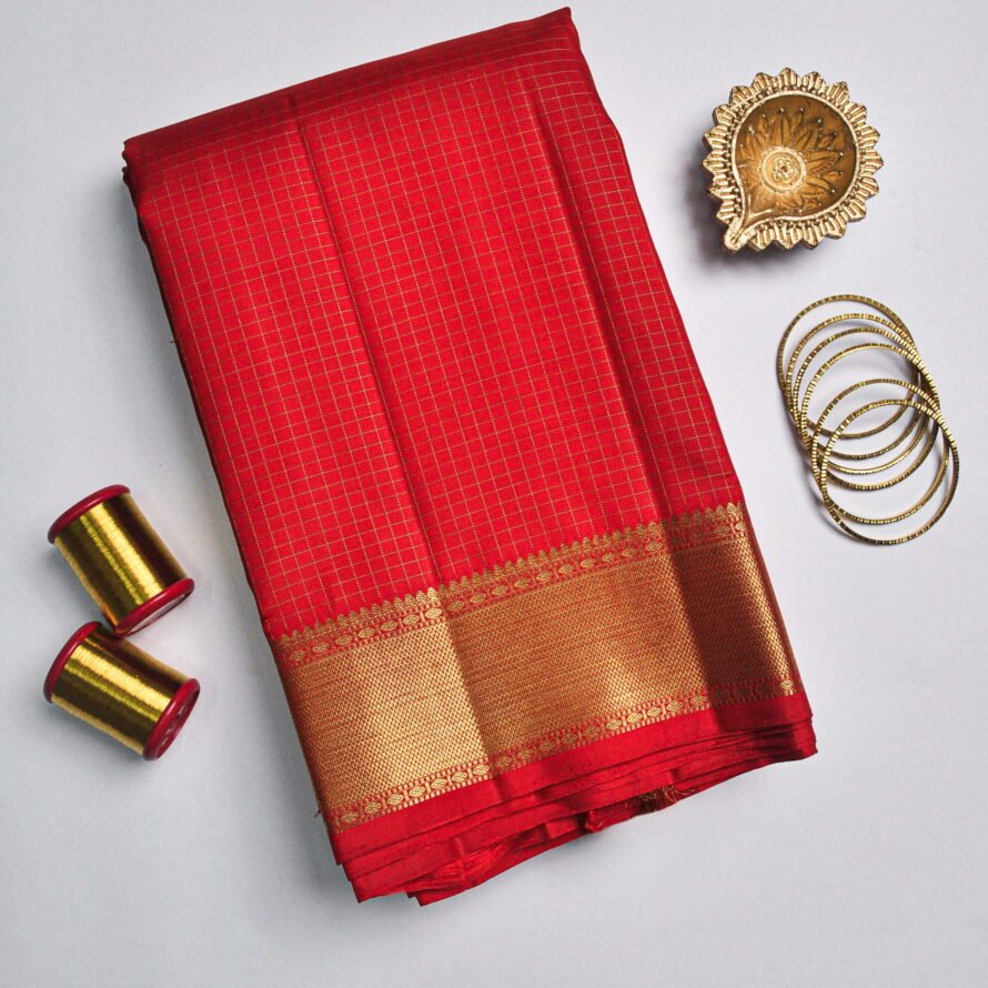 Tomato Red Kanchipuram Silk Saree – Oosi Kattam (Fine Checks) with Kanpetu Border