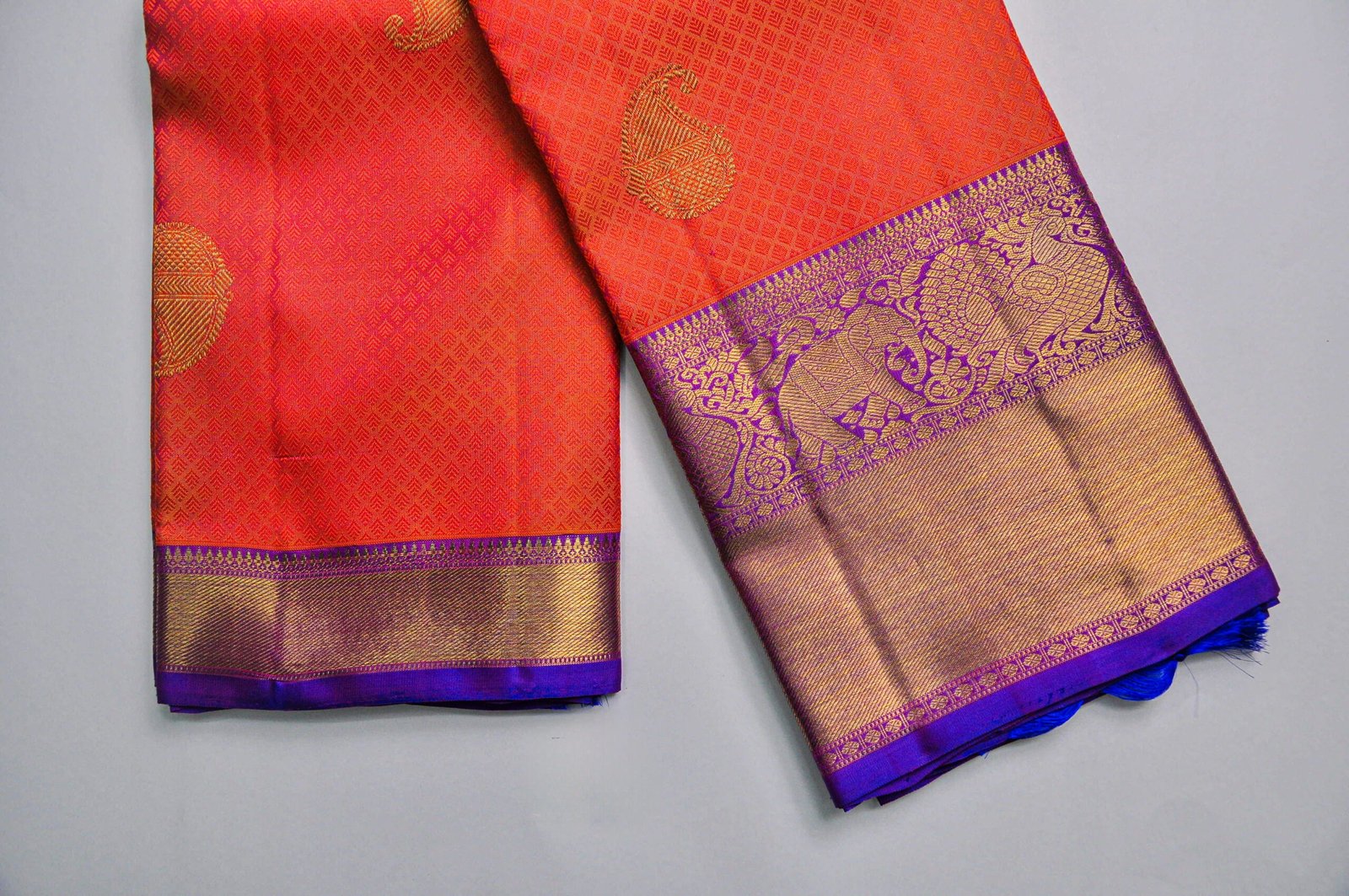 Orange Mustard Kanchipuram Silk Saree – Mango Zari Puttahs with Elephant Border - Image 6