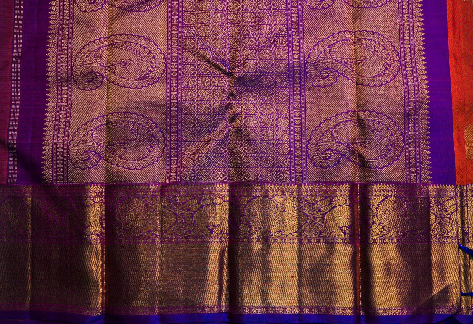 Orange Mustard Kanchipuram Silk Saree – Mango Zari Puttahs with Elephant Border - Image 3