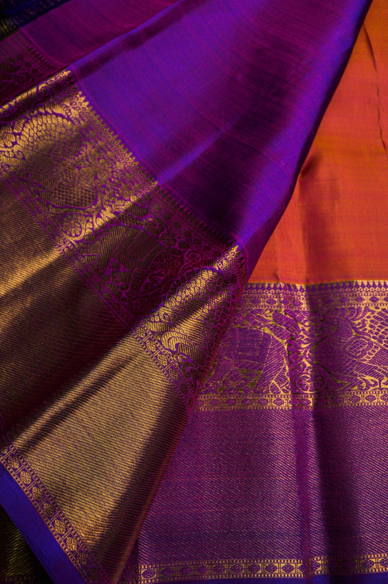 Orange Mustard Kanchipuram Silk Saree – Mango Zari Puttahs with Elephant Border - Image 5