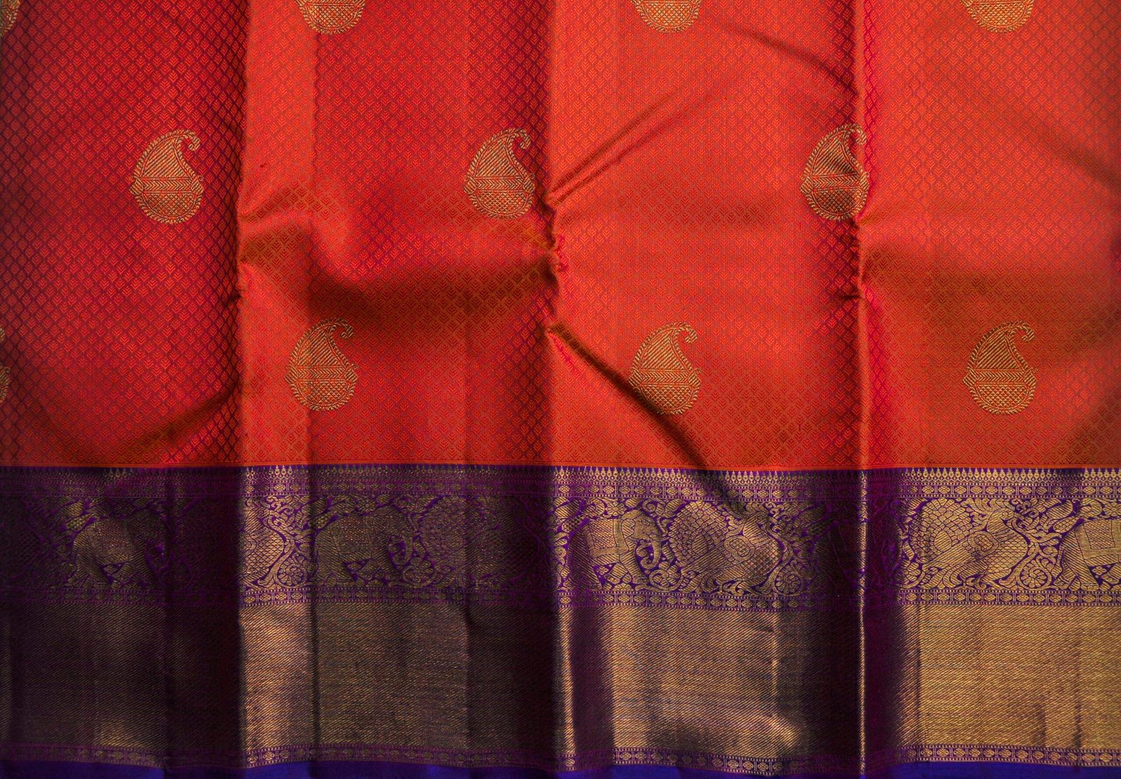 Orange Mustard Kanchipuram Silk Saree – Mango Zari Puttahs with Elephant Border - Image 2
