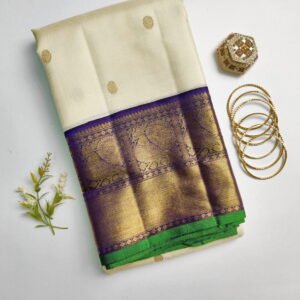 Off-White Kanchipuram Silk Saree – Zari Puttahs with Navy Blue Blouse