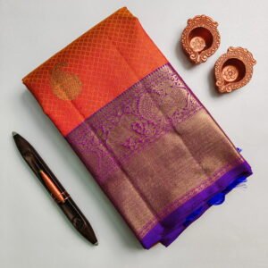 Orange Mustard Kanchipuram Silk Saree – Mango Zari Puttahs with Elephant Border