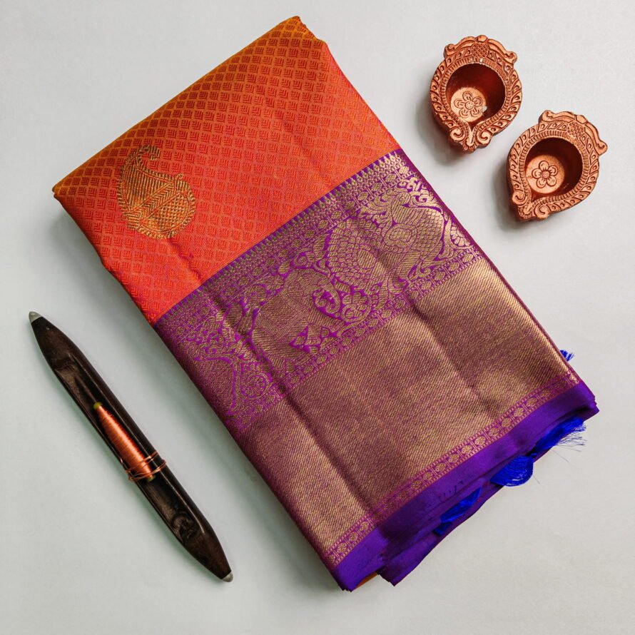 Orange Mustard Kanchipuram Silk Saree – Mango Zari Puttahs with Elephant Border