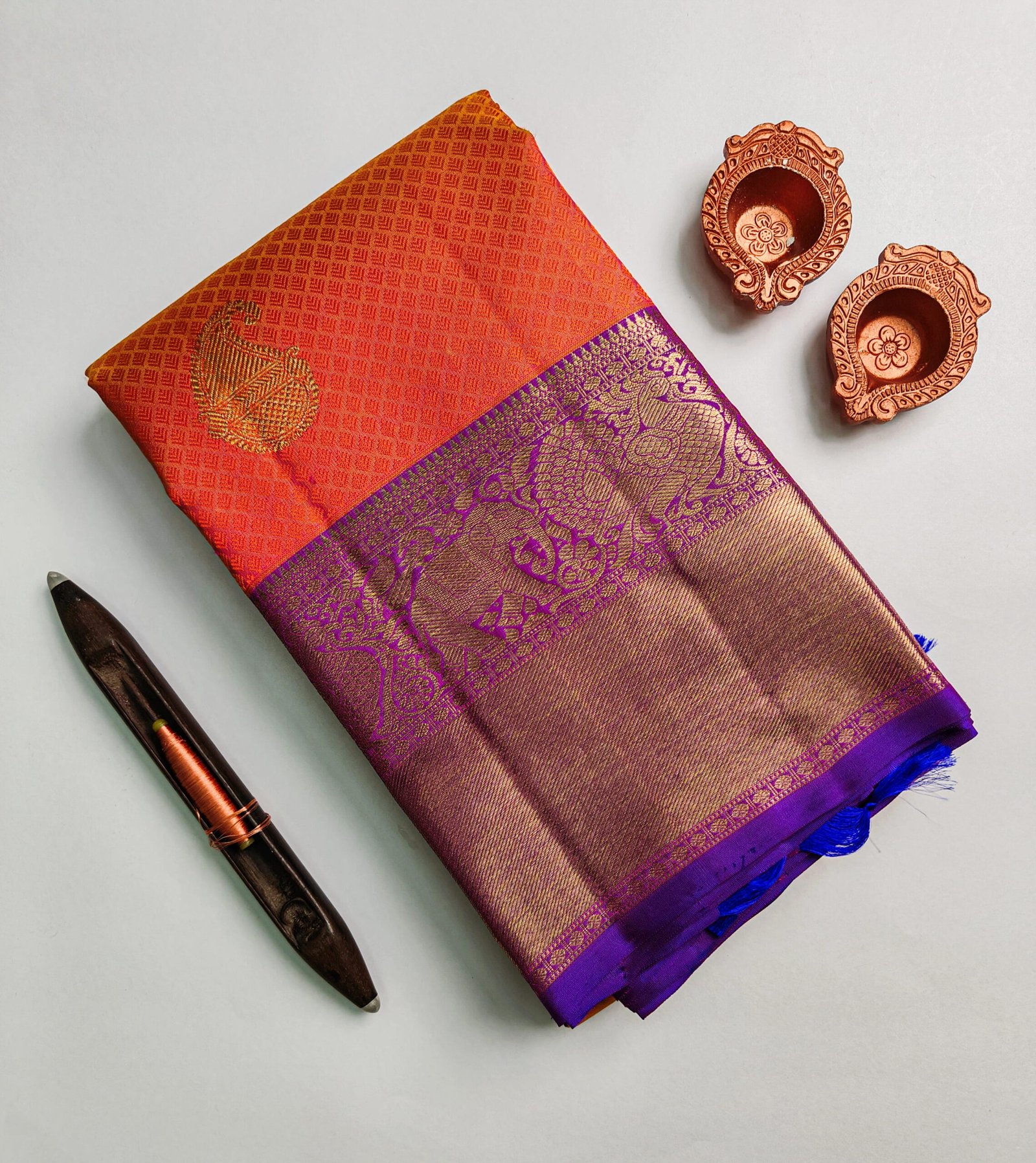 Orange Mustard Kanchipuram Silk Saree – Mango Zari Puttahs with Elephant Border