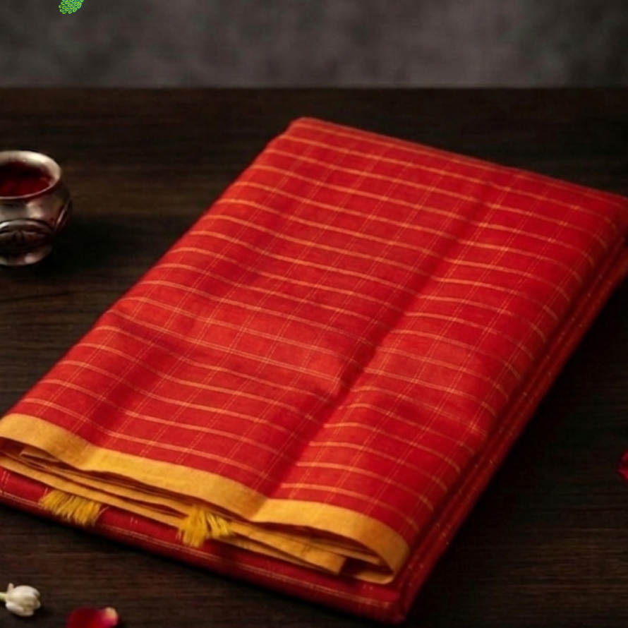 Red Kanchipuram Silk Saree – Mustard Border with Zari Checks (Kattam)