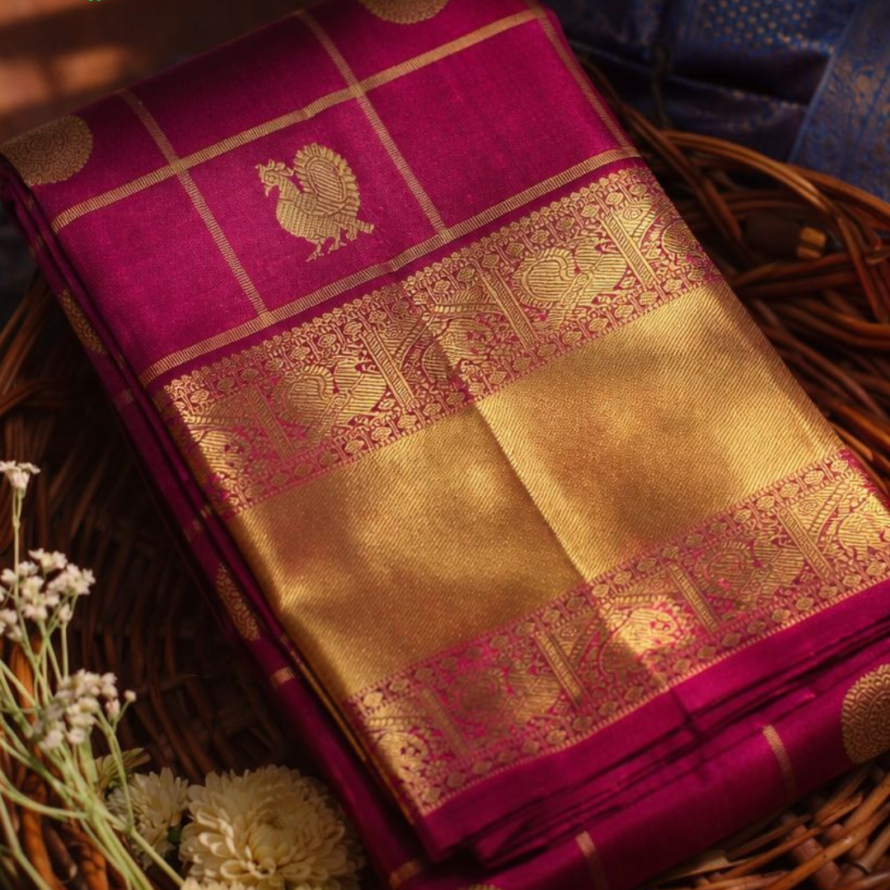 Rani Pink Kanchipuram Silk Saree – Veldhari Kattam with Peacock Chakra Butta