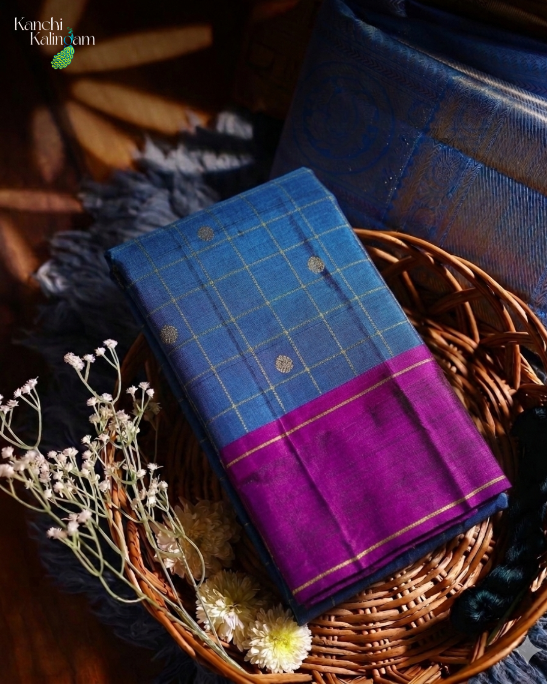 Emerald Blue Kanchipuram Silk Saree – Pattu Kattam with Zari Butta & Majantha Border