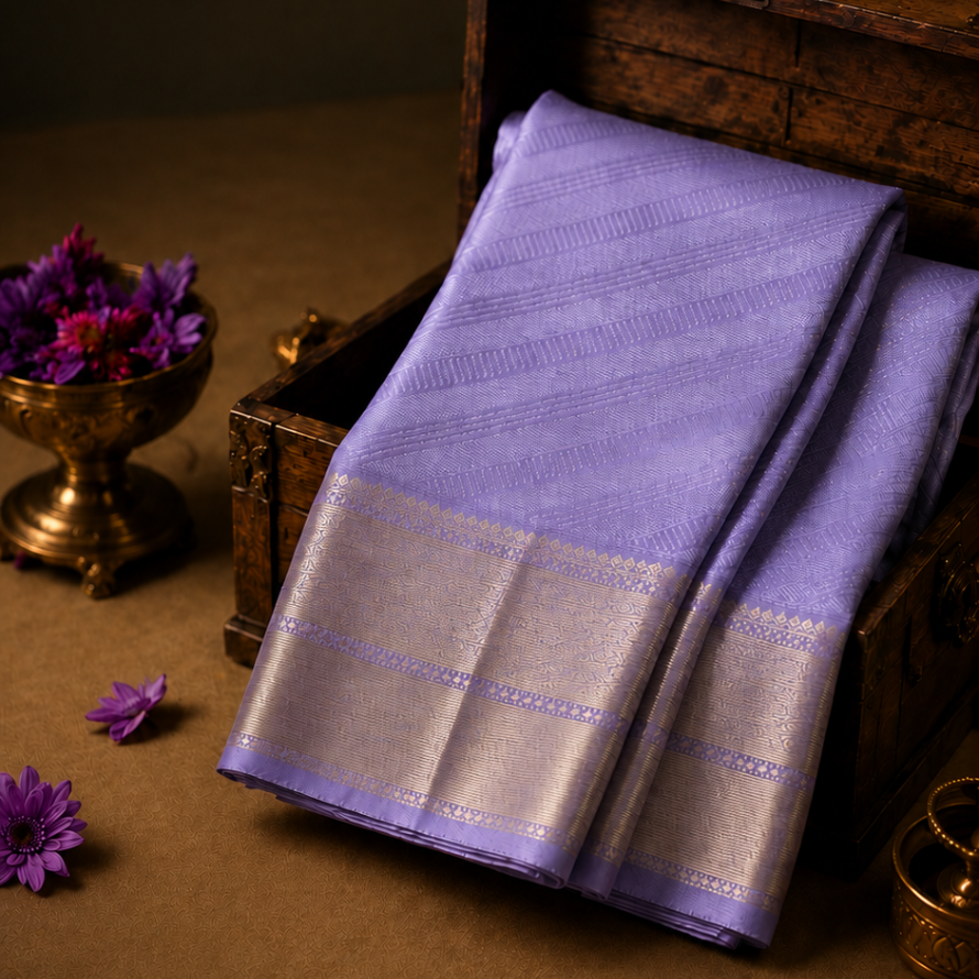 Lavender Kanchipuram Silk Saree – Pure Zari Self Design