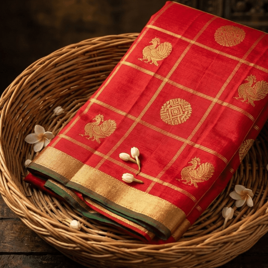 Red Kanchipuram Silk Saree – Veldhari Kattam with Peacock Chakra Butta & Contrast Green Blouse