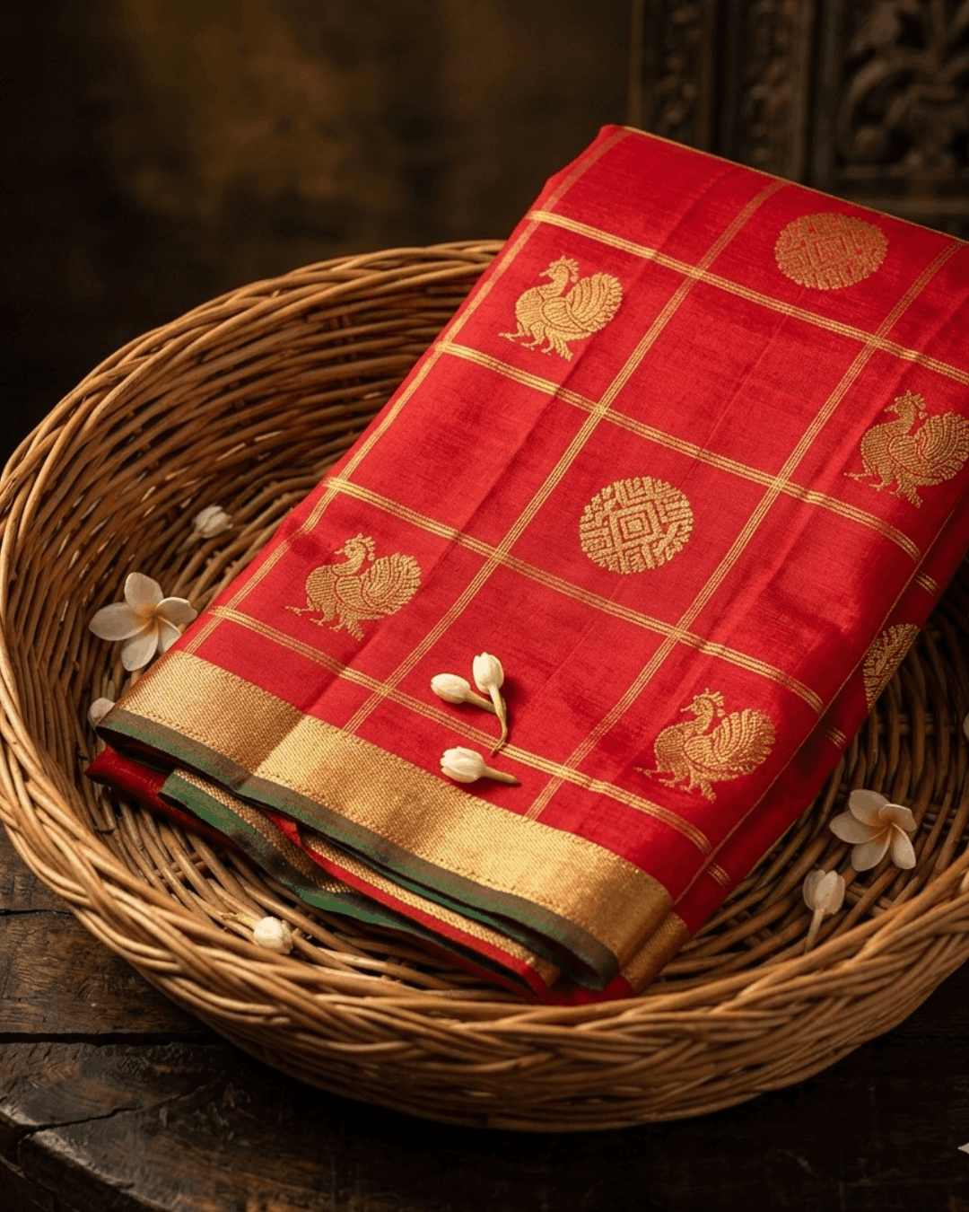 Red Kanchipuram Silk Saree – Veldhari Kattam with Peacock Chakra Butta & Contrast Green Blouse