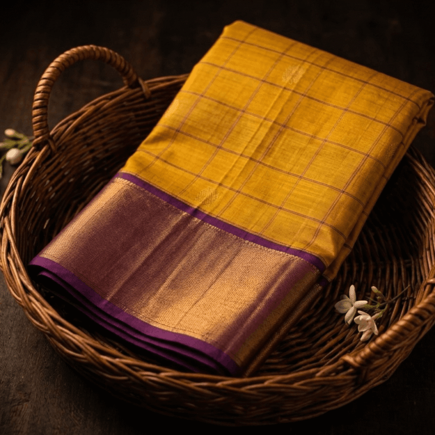 Mustard Kanchipuram Silk Saree – Chakra Butta with Semi-Contrast Majantha Border