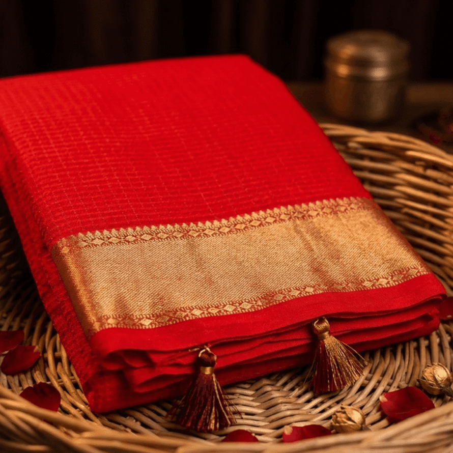 Tomato Red Kanchipuram Silk Saree – Ketti Gold Border with Zari Checks (Kattam)