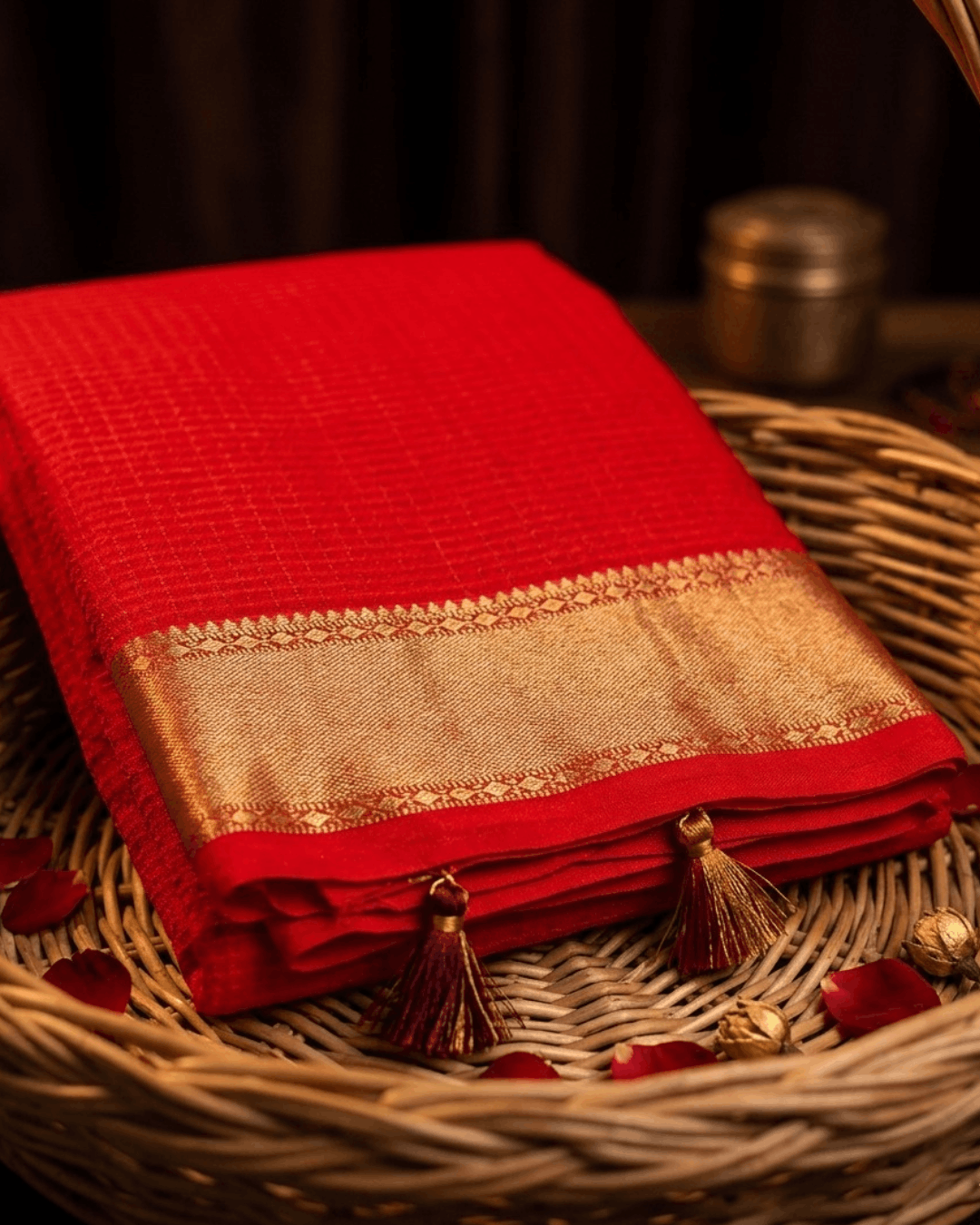 Tomato Red Kanchipuram Silk Saree – Ketti Gold Border with Zari Checks (Kattam)