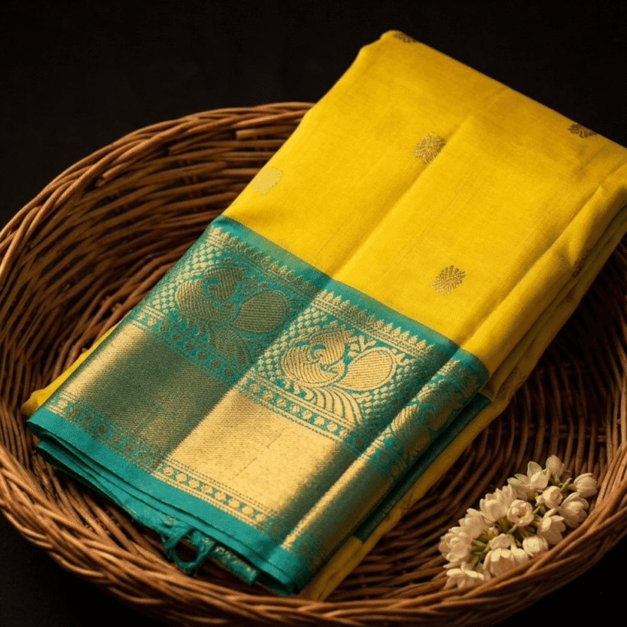 Lemon Yellow Kanchipuram Silk Saree – Double Side Korvai Blue Border with Peacock Chakra Butta