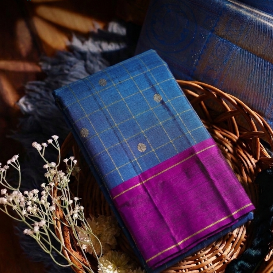 Emerald Blue Kanchipuram Silk Saree – Pattu Kattam with Zari Butta & Majantha Border