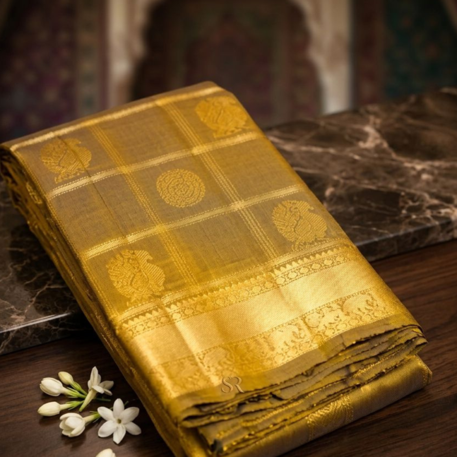 Ponvandu (Golden Mustard) Kanchipuram Silk Saree – Veldhari Kattam with Peacock Chakra Butta