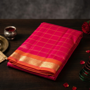 Bright Pink Kanchipuram Silk Saree – Pattu Kattam with Zari Butta & Orange Border
