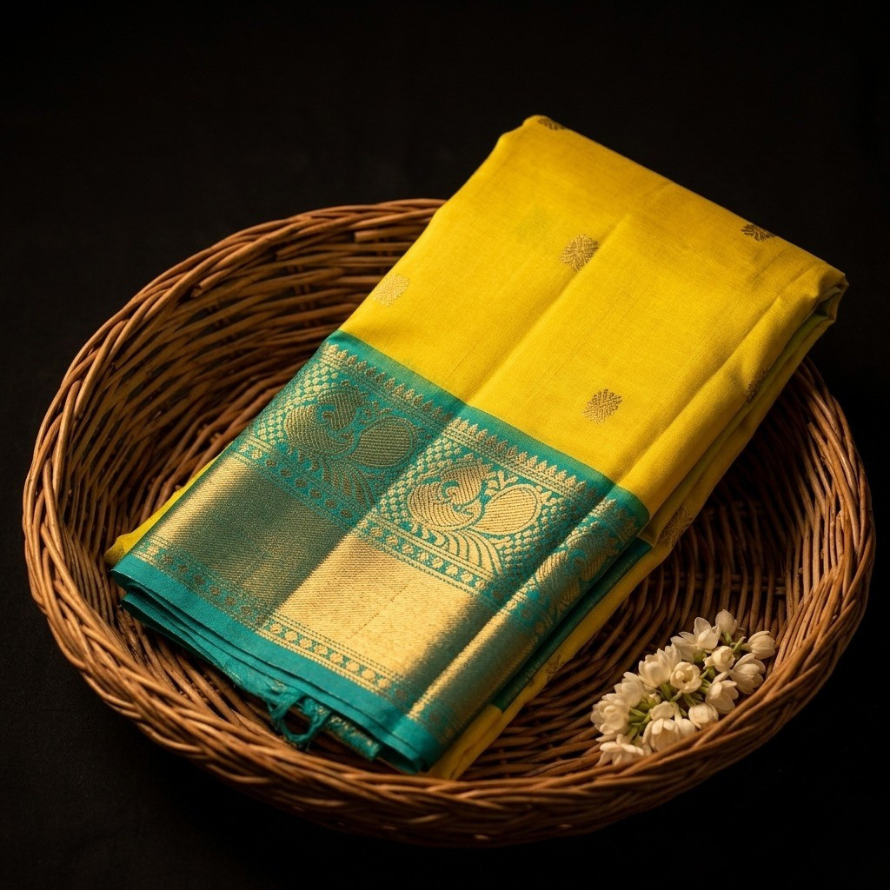 Lemon Yellow Kanchipuram Silk Saree – Double Side Korvai Blue Border with Peacock Chakra Butta