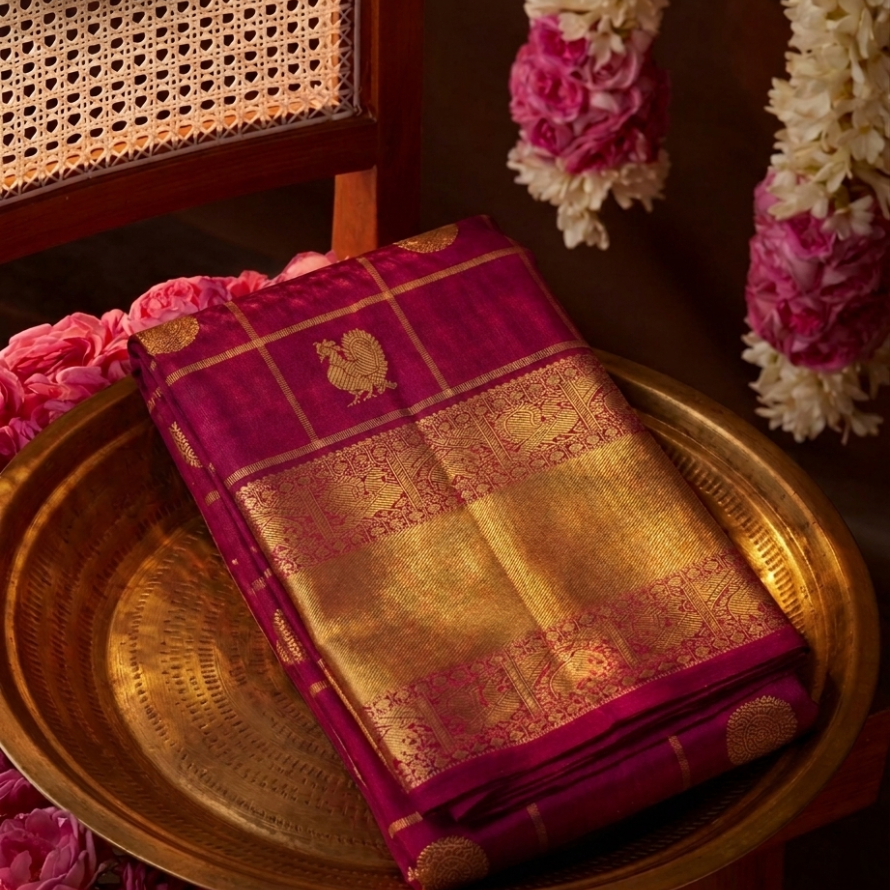 Rani Pink Kanchipuram Silk Saree – Veldhari Kattam with Peacock Chakra Butta